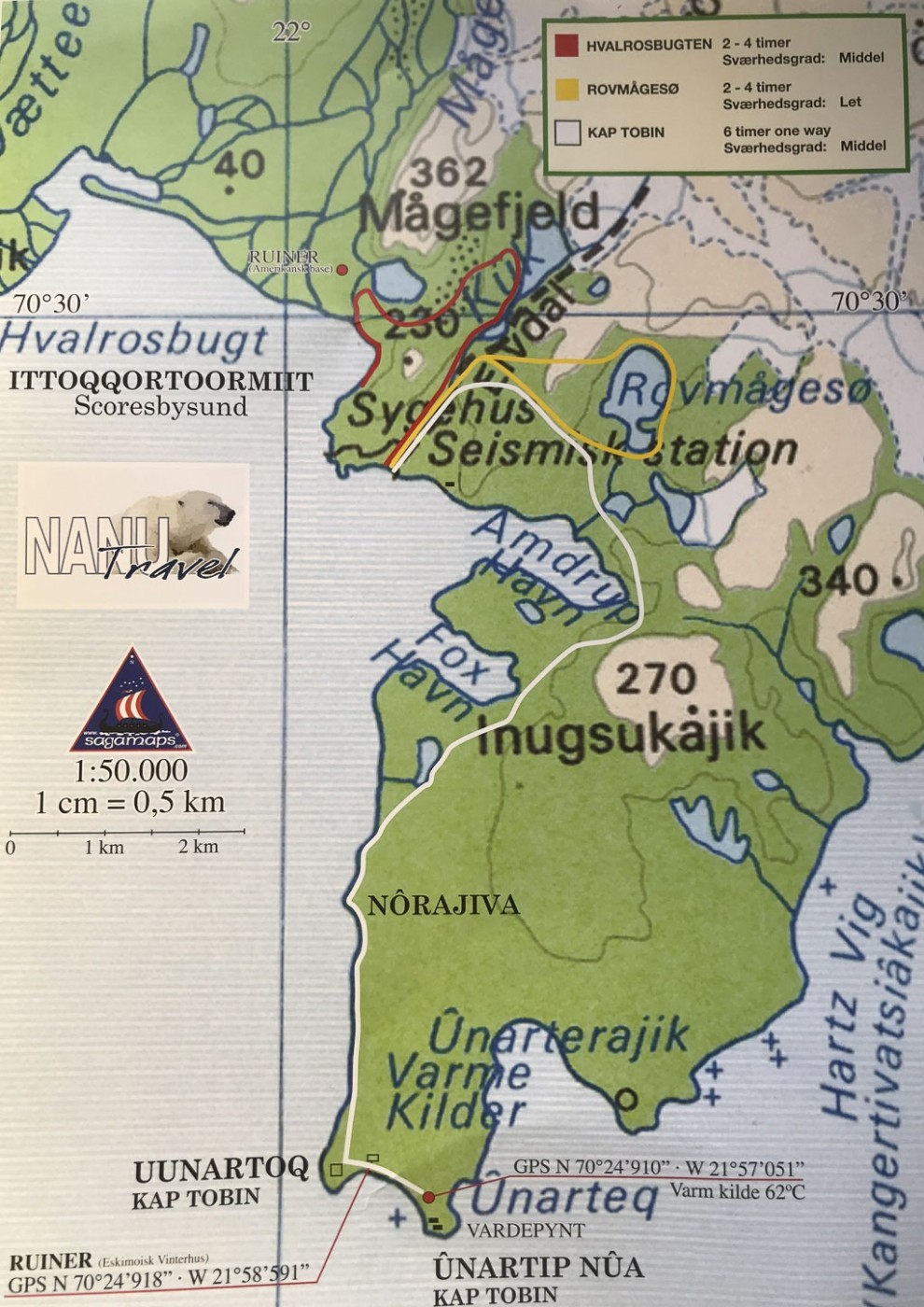 Map of Ittoqqortoormiit, White hiking route. Photo by Bo Normander.